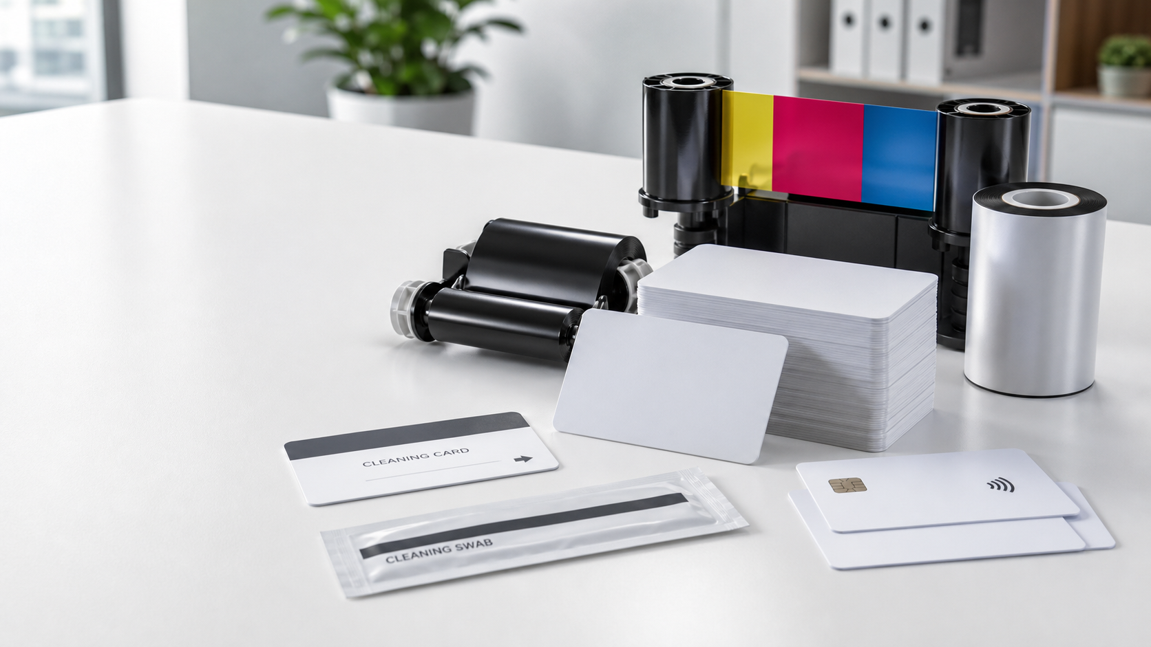 Cintas de impresión, tarjetas PVC, tarjetas RFID y kit de limpieza para impresoras de tarjetas