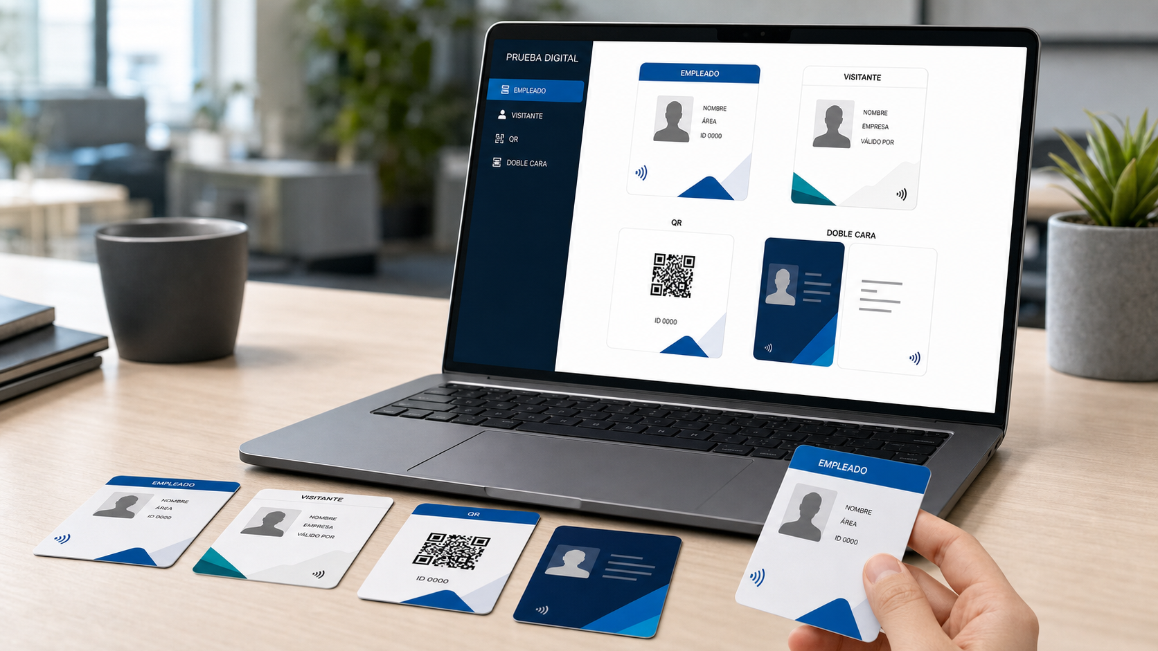 Portátil mostrando una prueba digital de tarjetas PVC junto a tarjetas físicas