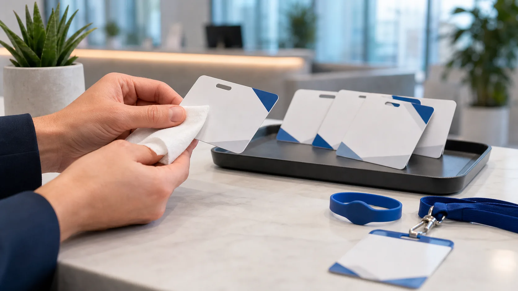Tarjetas temporales reutilizables para visitantes en recepción corporativa