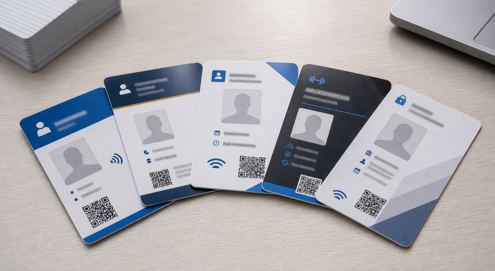 Tarjetas RFID personalizadas físicas en abanico sobre mesa de oficina
