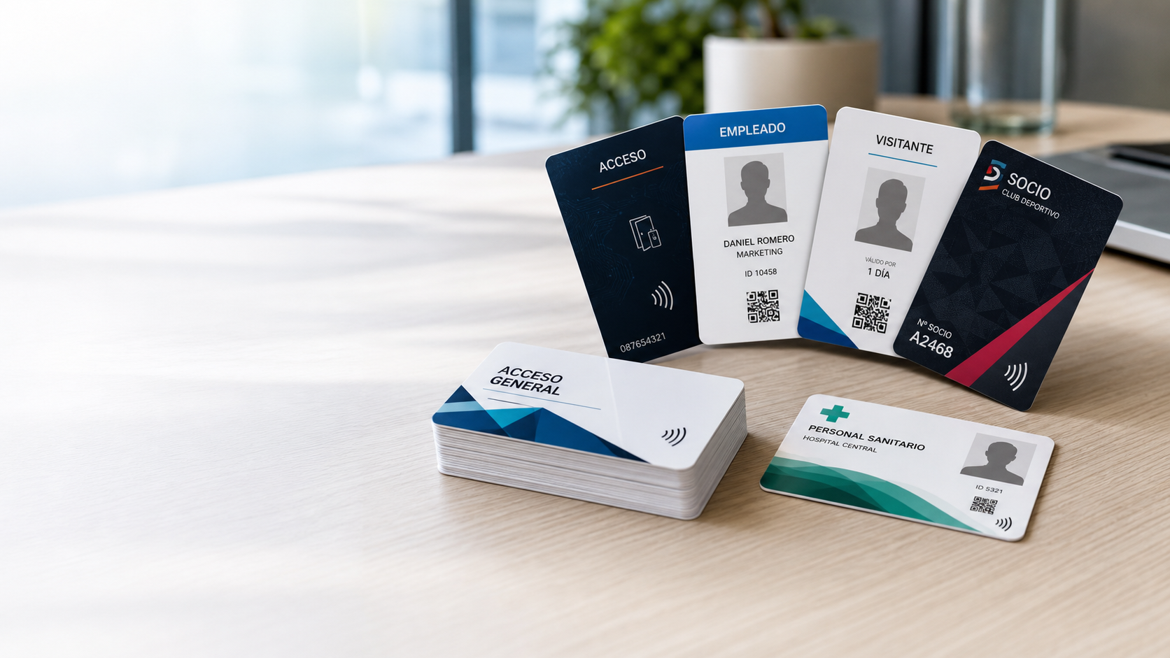 Tarjetas RFID personalizadas físicas en formato empleado, visitante, socio y acceso sobre mesa