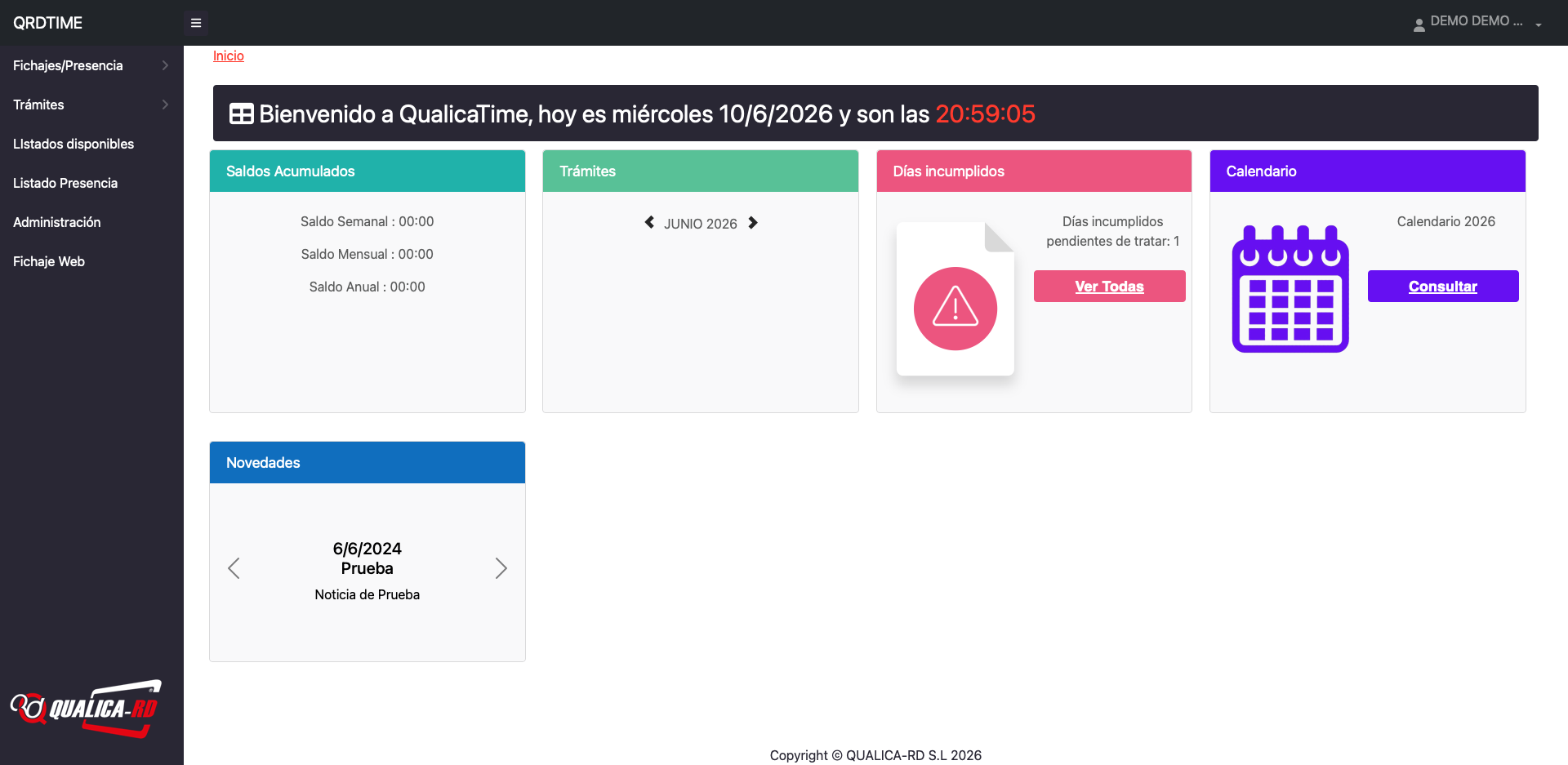 Panel de QRDTime para control horario y presencia