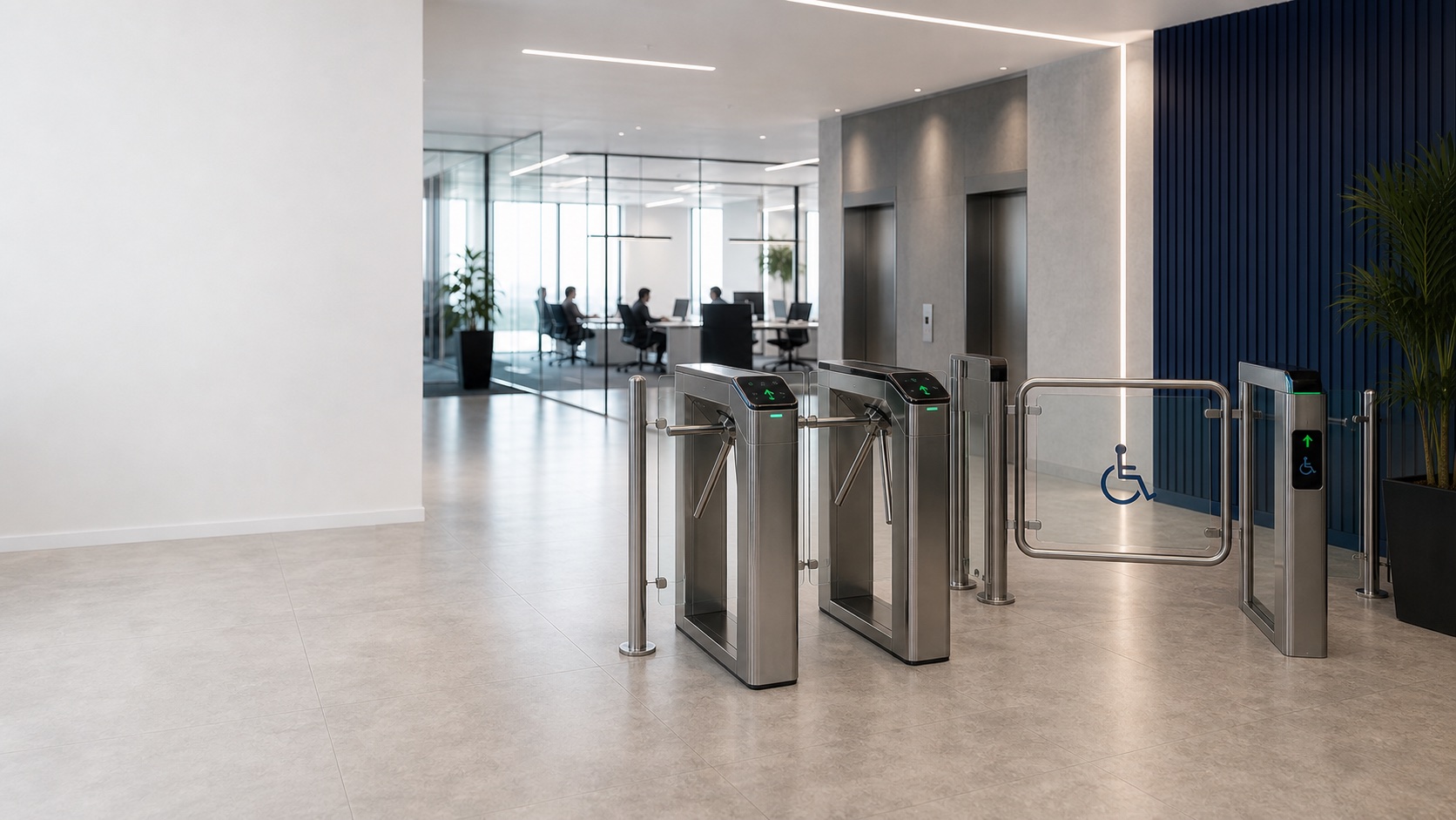 Paso accesible PMR junto a control de accesos con portillo de mayor anchura