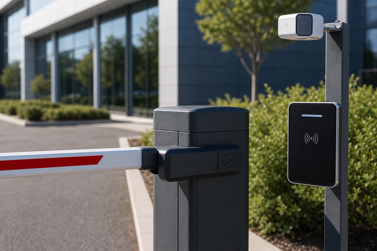 Detalle de barrera y lector para control de acceso de vehículos