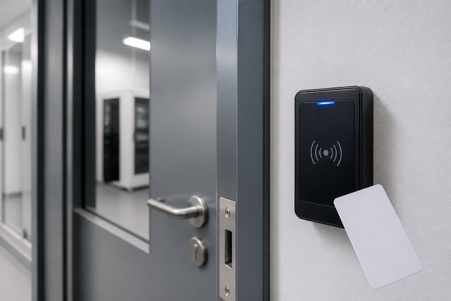 Lector RFID instalado junto a una puerta de acceso restringido